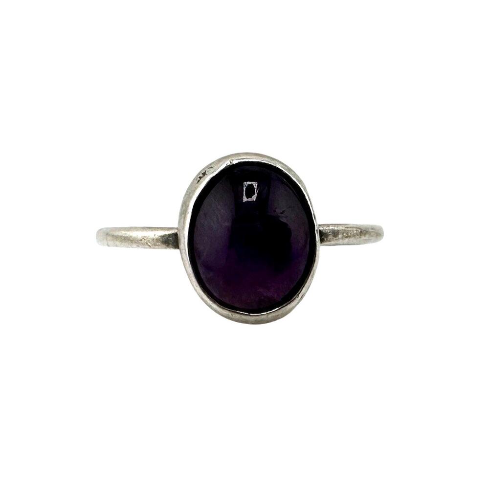 925 Sterling Silver Amethyst Oval Cabachon Solitaire Minimalist Size 6.25 Ring